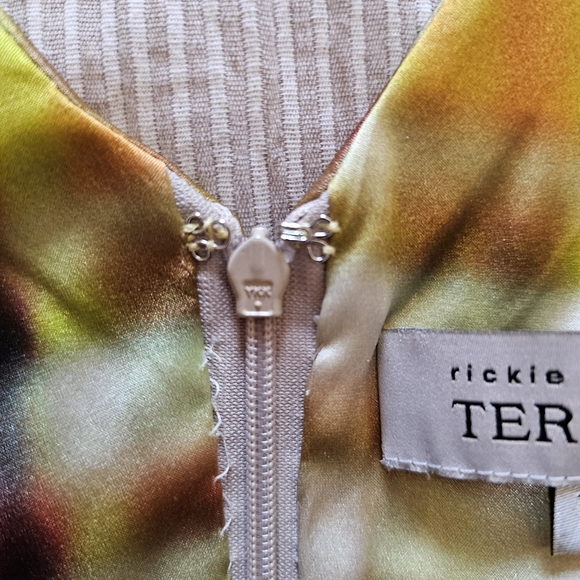 Designer Rickie Freeman Teri Jon silk rainbow rushed fitted dress size 12 - Picture 10 of 11